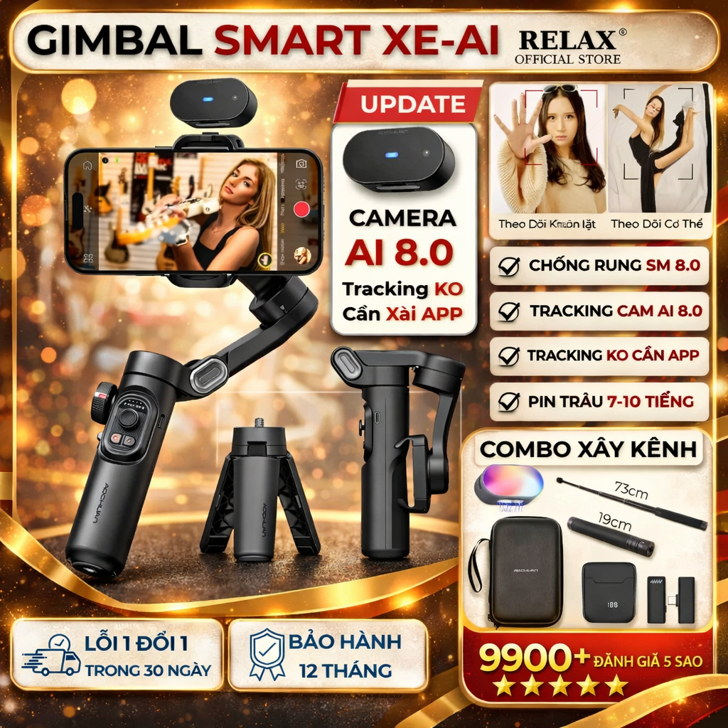 [SMART XE - AI Bản Đặc Biệt] Gimbal chống rung điện thoại AOCHUAN có camera AI Tracking 8.0 dễ dùng