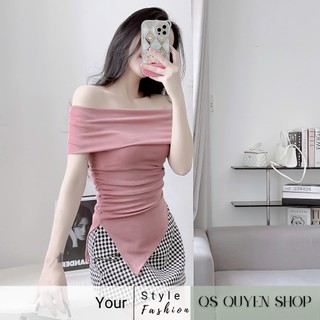 Áo Trễ Vai Tay Ngắn Vạt Xéo Nhún Sườn QS QUYEN SHOP