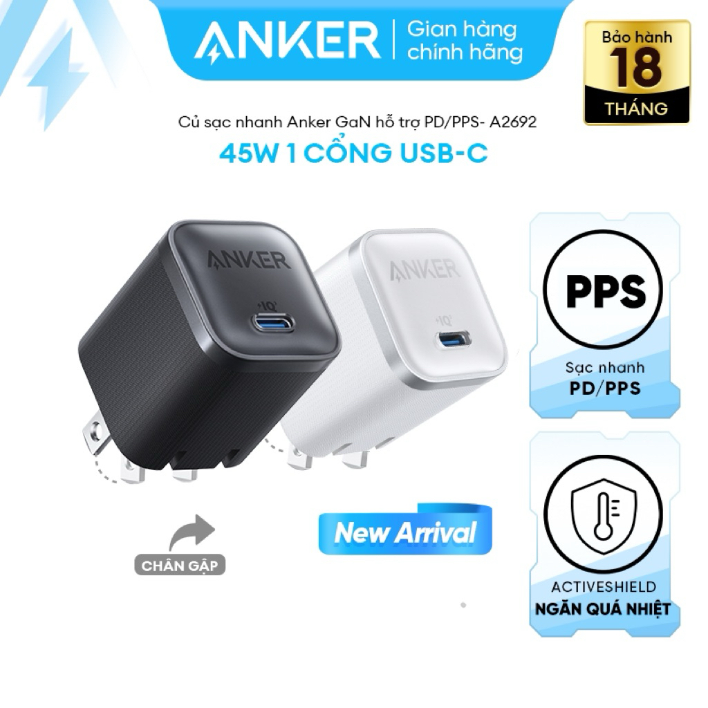 Củ Sạc Nhanh 1C ANKER A2692 45W (ActiveShield™ 3.0, MultiProtect™, GaN Technology)