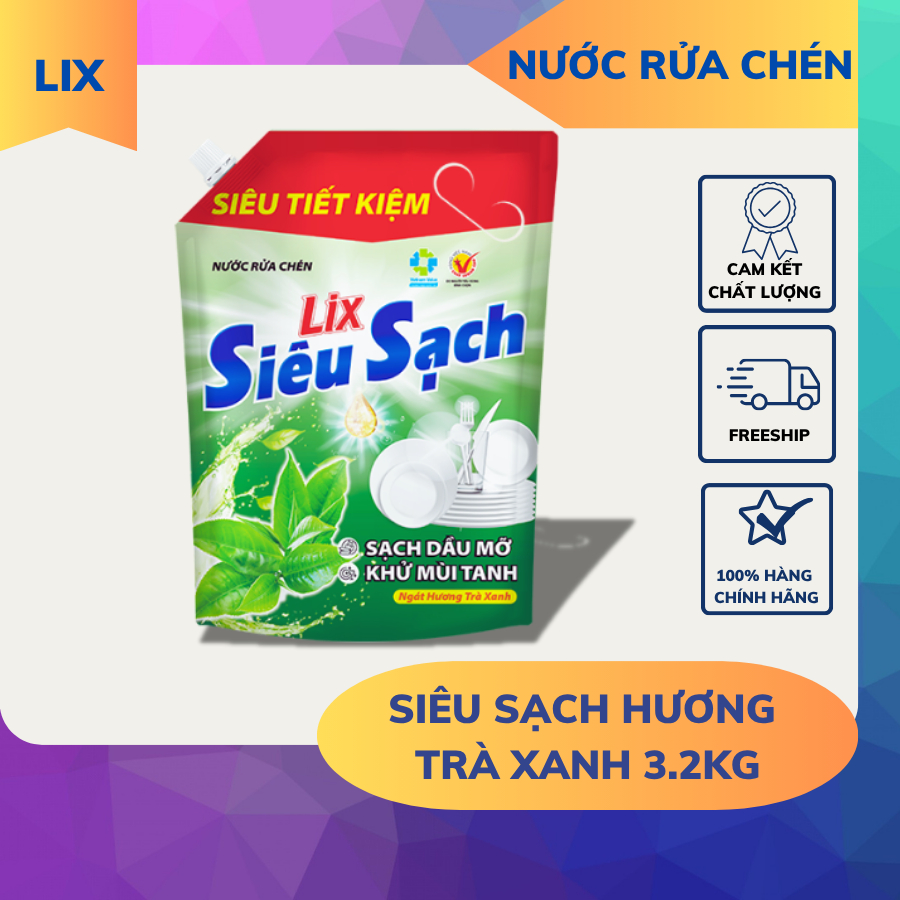 Túi Nước Rửa Chén LIX 3.2KG Siêu Sạch Trà Xanh Tiết Kiệm - Sáng Bóng - Lixco Việt Nam