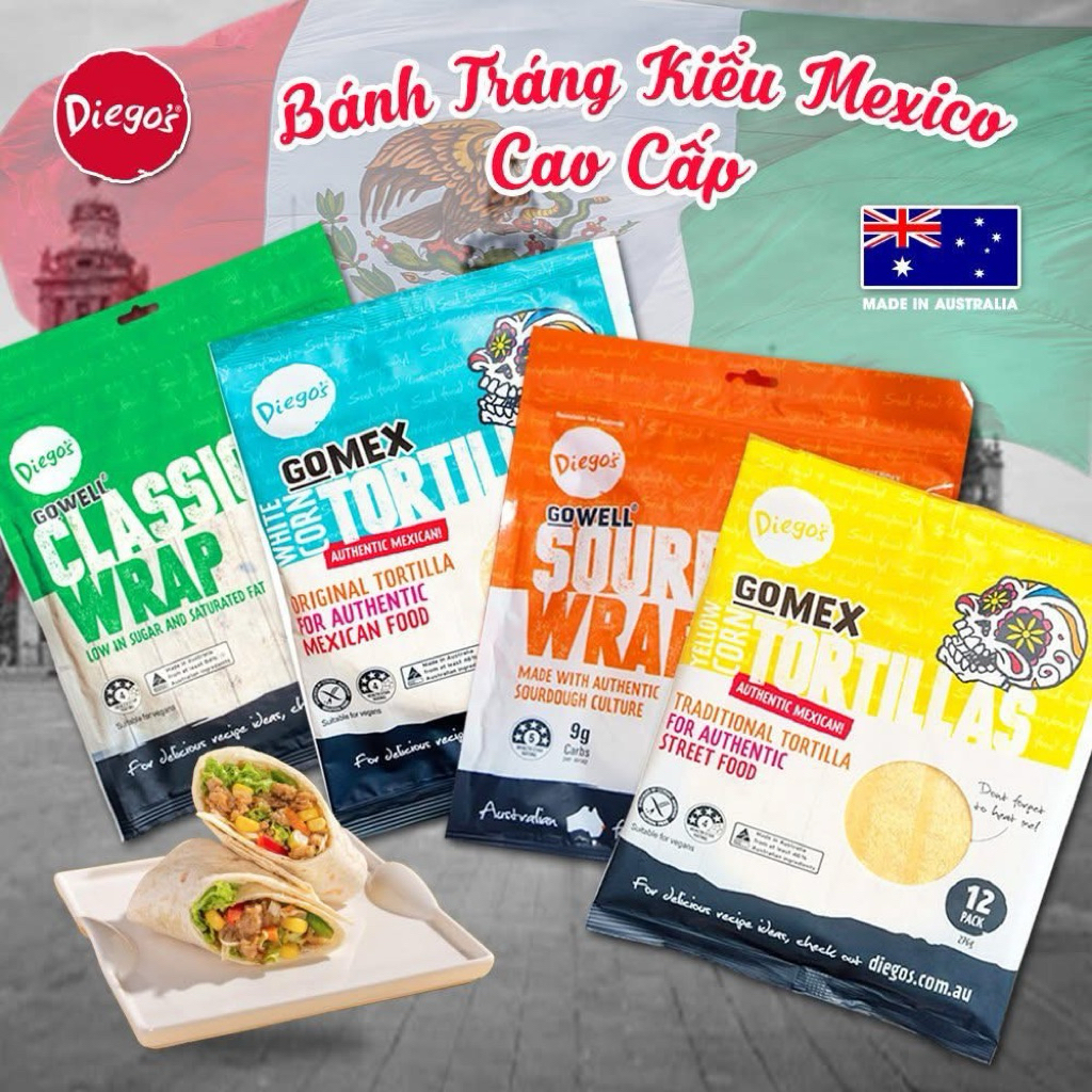 Vỏ bánh Tortilla vegan ăn chay nhập khẩu Úc Diego's. Vỏ bánh mềm, dai.