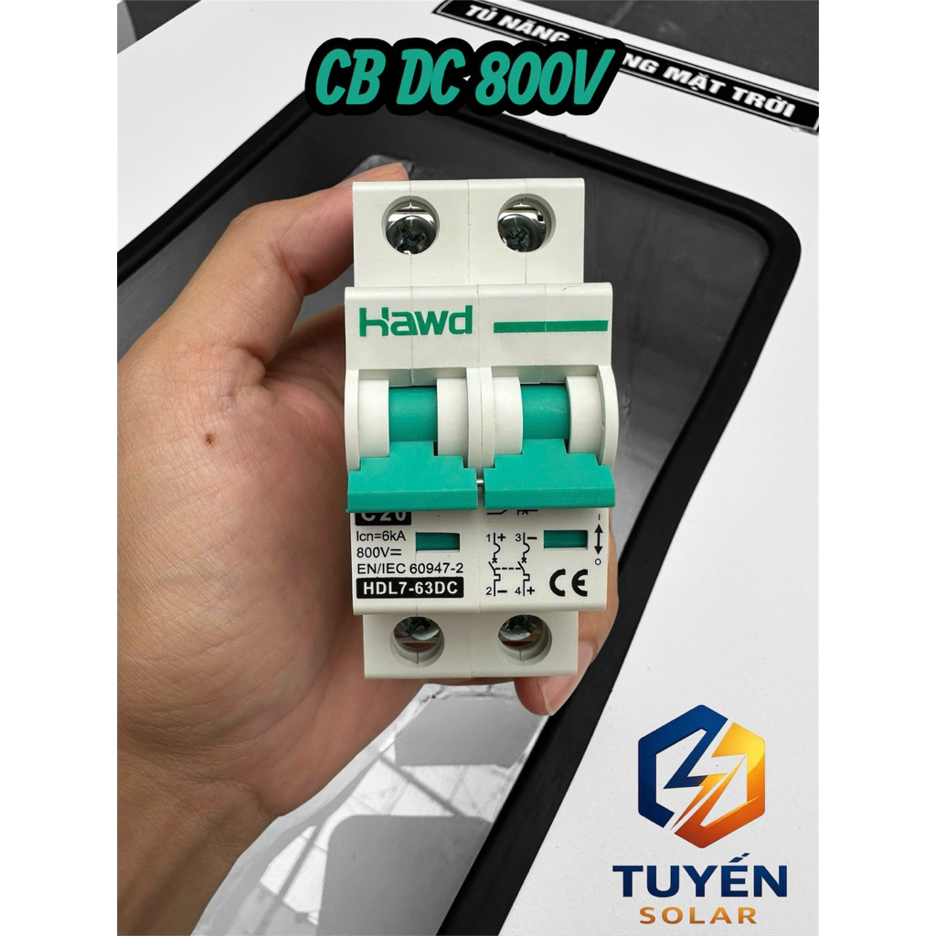 Aptomat CB DC 1000V/800V/600V/500V -20A-2P. HAWD Chuyên dùng hệ năng lượng Mặt Trời