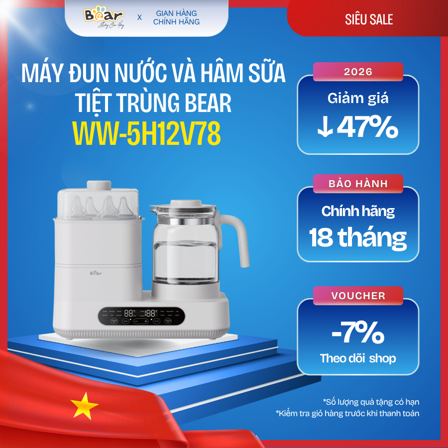🍼💧 Máy Đun Nước & Hâm Sữa Tiệt Trùng Bear WW-5H12V78 ⚡ An Toàn & Nhanh Chóng Cho Bé 👶