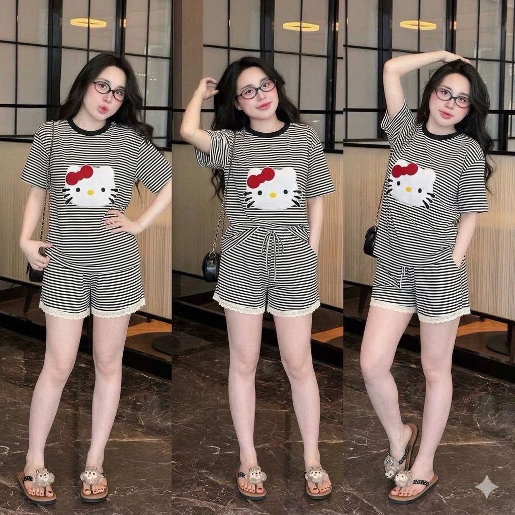 Set Bộ Nữ , Set Bộ Thun Cotton Quần Đùi Sọc Nhỏ