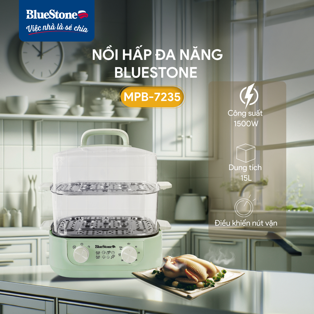Nồi Hấp Đa Năng BlueStone MPB-7235 | 1500W – Dung Tích 12L – Lòng Nồi 3L – Hấp Nhanh, Giữ Trọn Dinh Dưỡng – BH 2 Năm