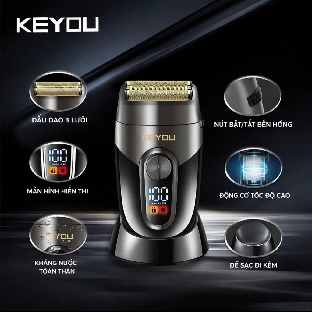 Máy Cạo Râu Điện Cao Cấp Keyou, Máy cạo râu điện 3 lưỡi kép CÔNG SUẤT CAO, Thiết kế công thái học, Chống nước IPX4
