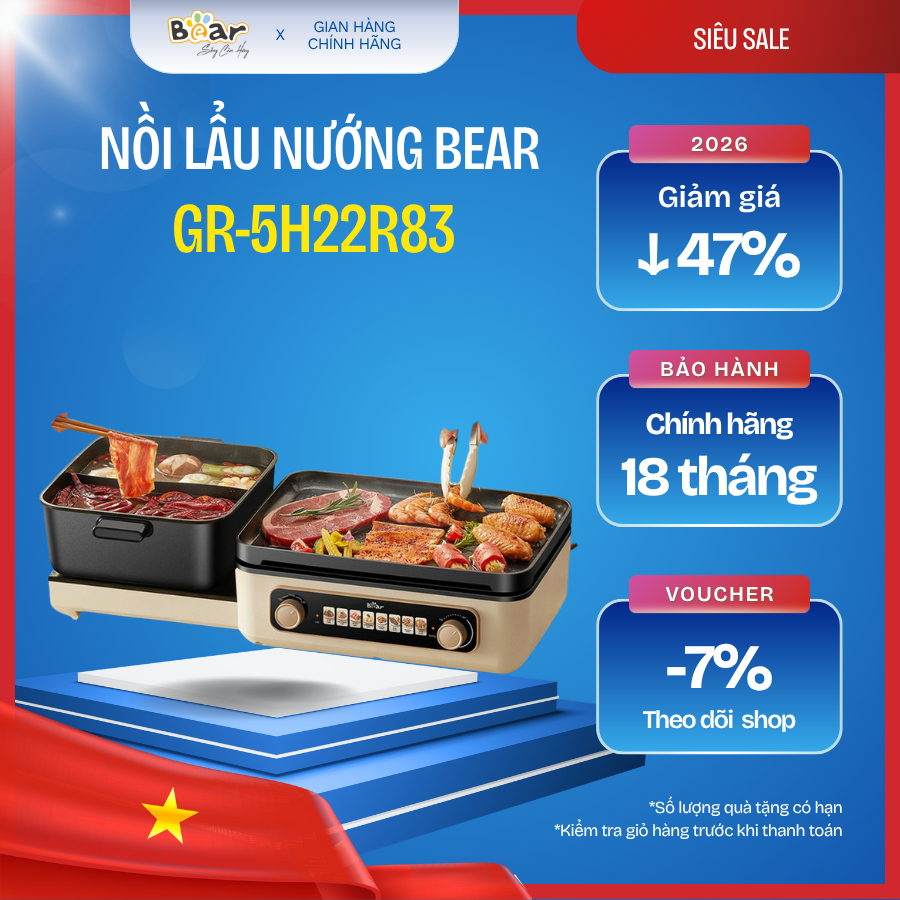 🍲 Nồi lẩu nướng đa năng Bear GR-5H22R83 – Lẩu & nướng tiện lợi tại nhà