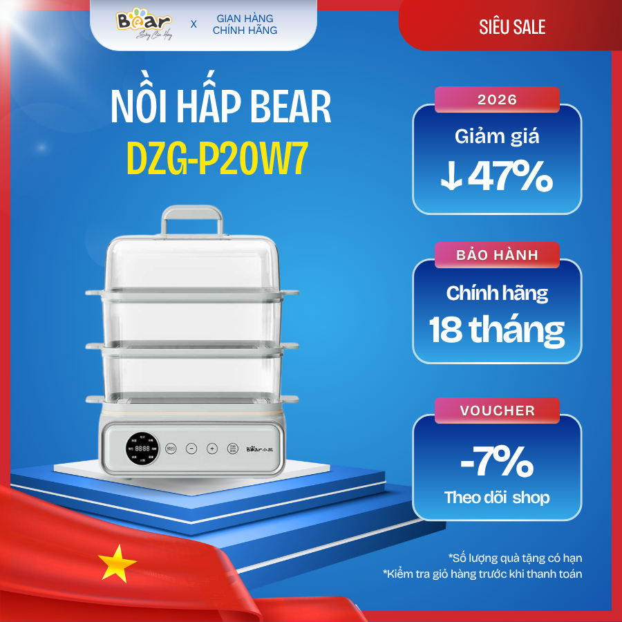 🍲 Nồi hấp Bear 4 tầng 21.5L DZG-P20W7 – Hấp đa năng, giữ trọn dưỡng chất