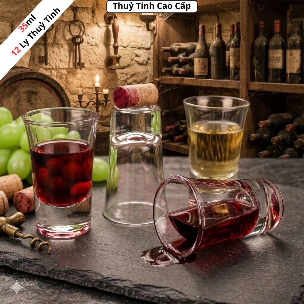 BỘ 12 LY THUỶ TINH CAO CẤP 35ML, LY THUỶ TINH ĐÁY VUÔNG