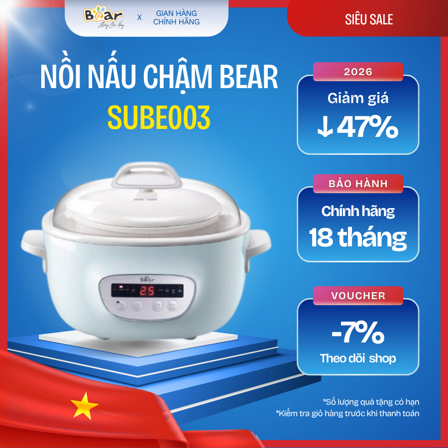 🍲 Nồi nấu chậm Bear 2,5L SUBE003 – Nhuyễn mềm, giữ trọn dưỡng chất