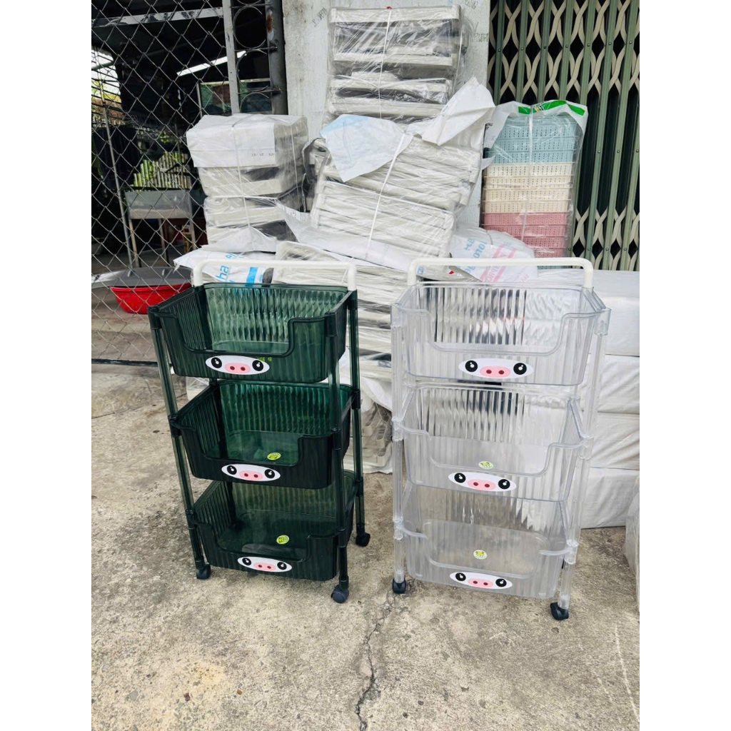 Kệ 3 Tầng  Kệ Đựng Đồ Nhà Bếp Đa Năng Cho Bé, Spa, Gia Đình Có Bánh Xe Trong Suốt Heo Hồng Xinh,, Nh