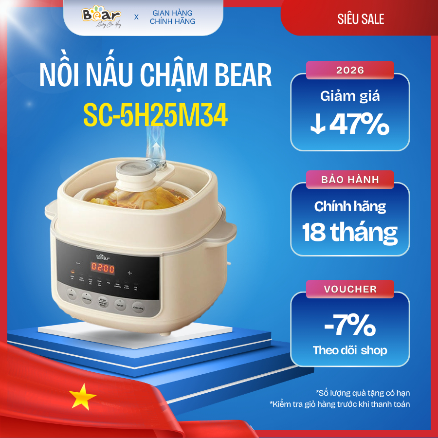🍲 Nồi nấu chậm Bear 2.5L SC-5H25M34 – Nhuyễn mềm, giữ trọn dưỡng chất