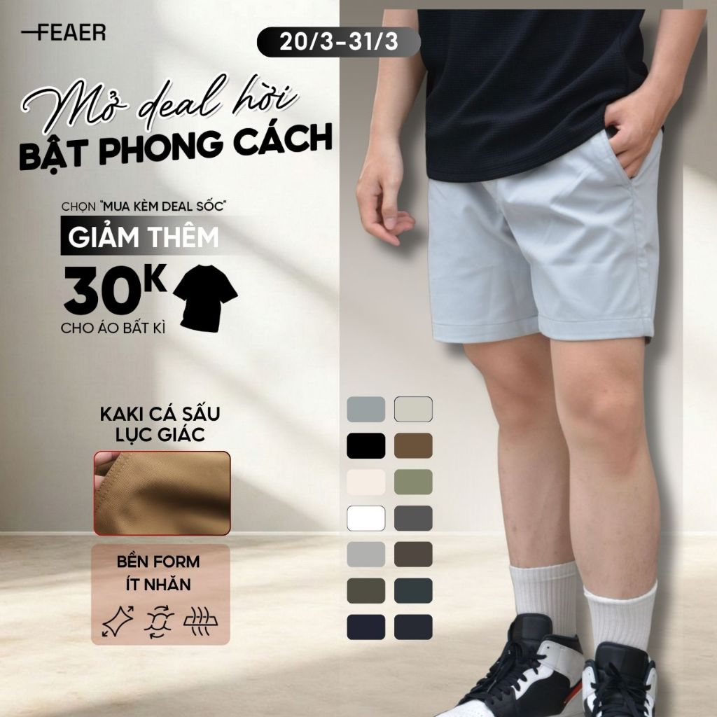 Quần Short Kaki  Nam Basic Sleek Vải Kaki Cá Sấu Lưng Chun, Co Giãn Thoải Mái, Trẻ Trung - FEAER