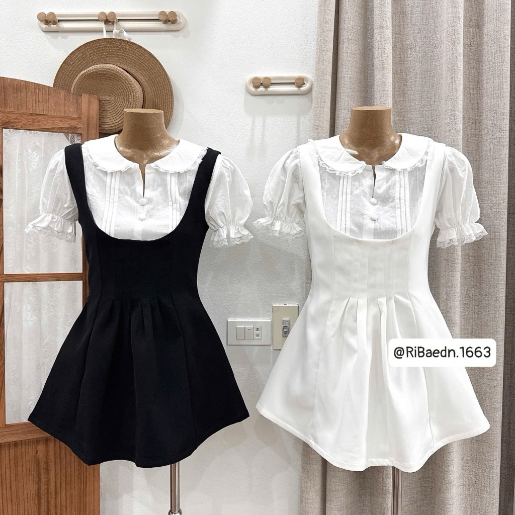 Set Yếm Xếp Li Eo Mix Áo Sơmi Cổ sen phối ren nút bọc”RACHEL” siêu xinh dành cho Nữ | BigBuy360 - bigbuy360.vn