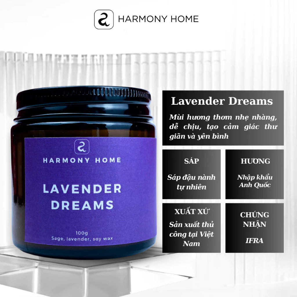 Nến Thơm Lavender Dreams A Harmony Home Hương Lavender & Xô Thơm Chill Dễ Ngủ 100g