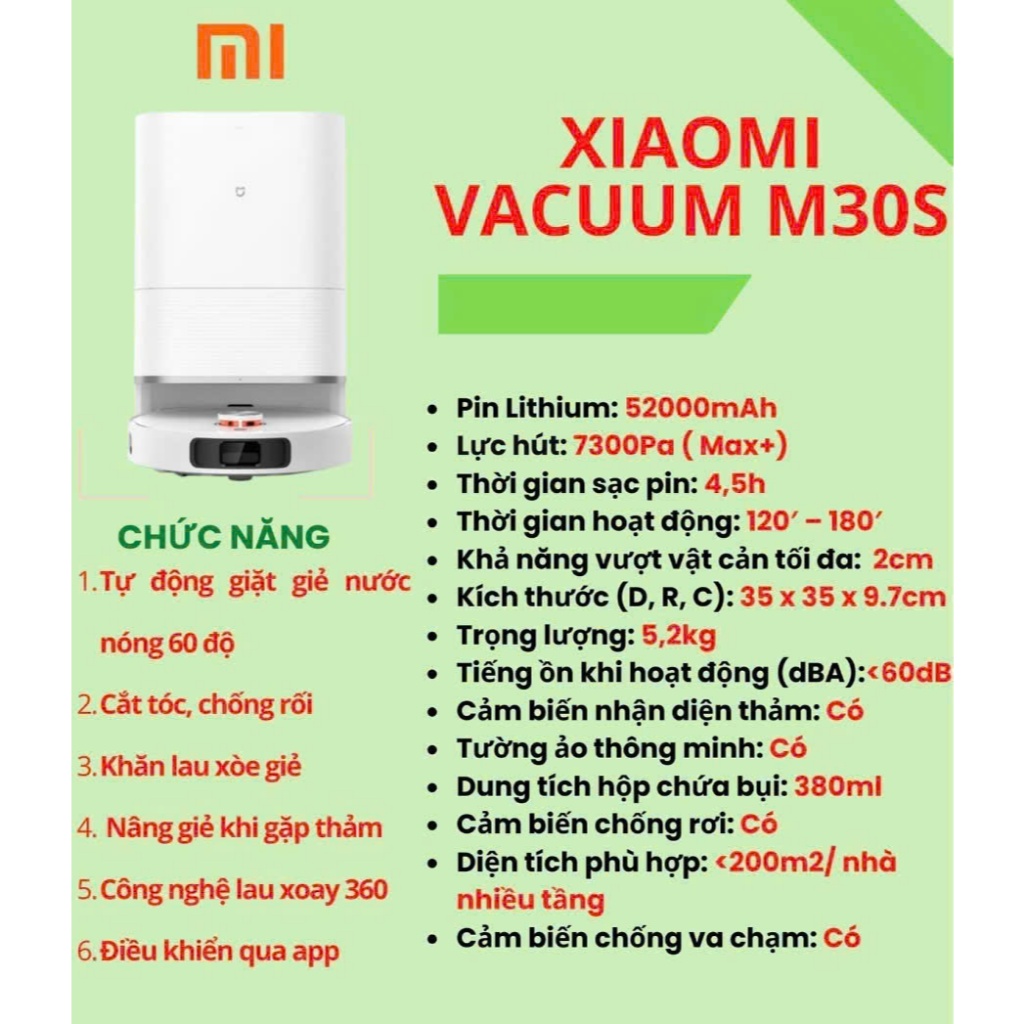 Robot hút bụi lau nhà Xiaomi Mijia M30S 2025/ D103CN – Lực hút 7300Pa pin 5200mAh