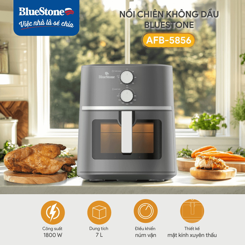 Nồi chiên không dầu BlueStone AFB-5856 – 7L, 1800W, công nghệ X Cyclone, có kính quan sát