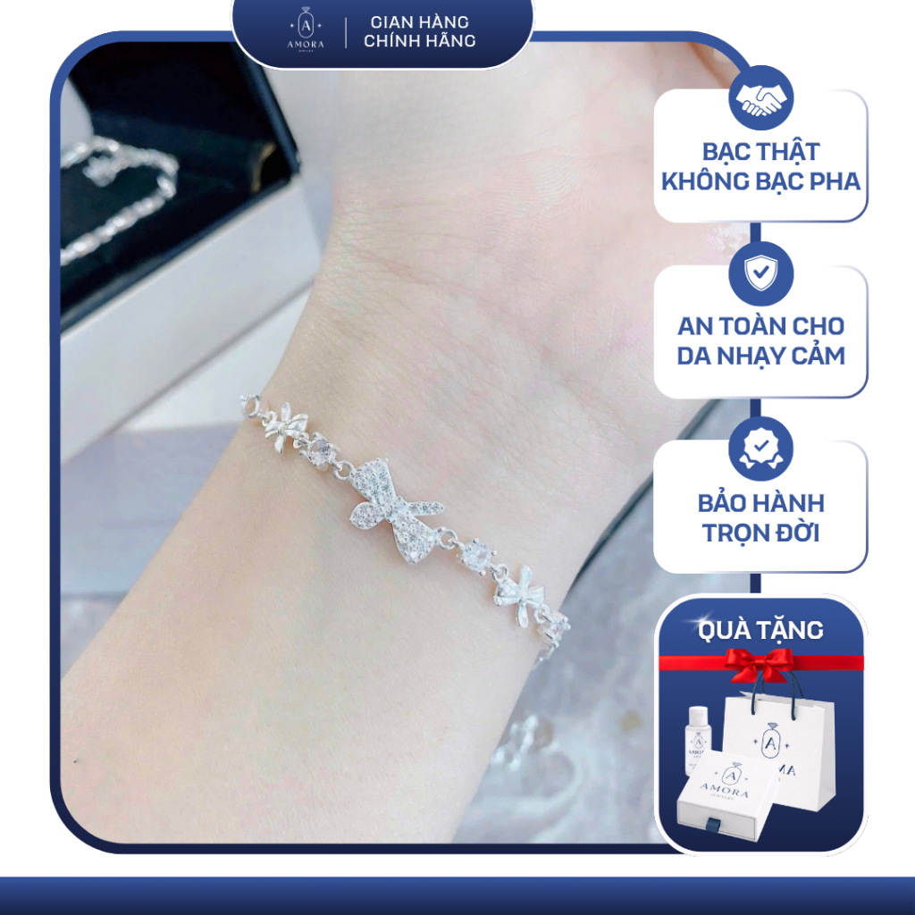 Lắc tay nơ AMORA lắc bạc ta mặt nơ mix hoa viền bạc xoắn khoá cài C AMORA JEWELRY LTN375