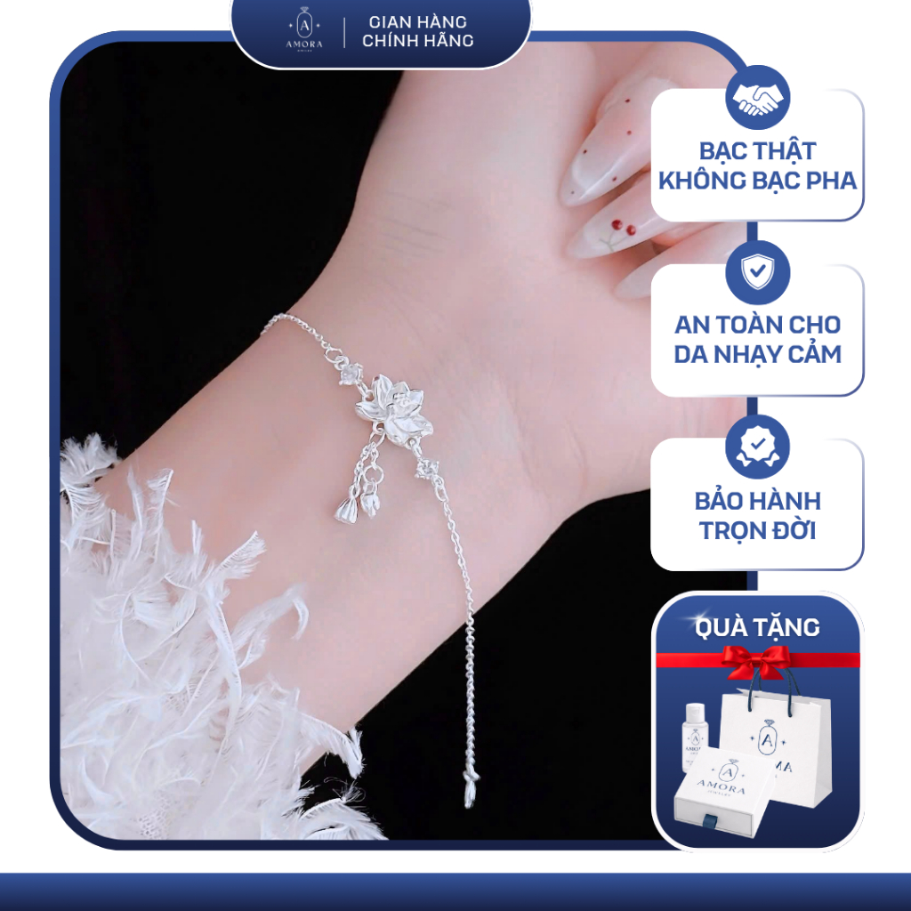 Lắc tay bạc ta nữ AMORA mặt hoa sen rơi thanh lịch AMORA JEWELRY LTN097