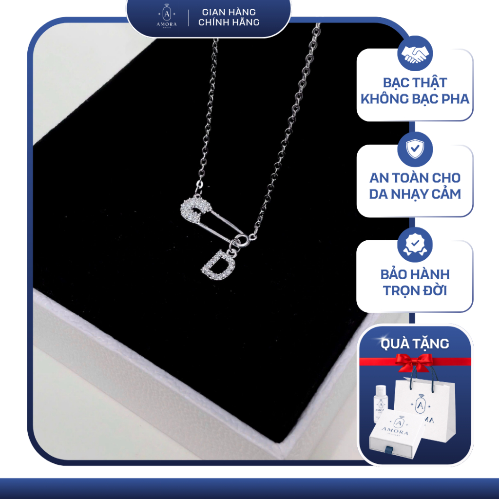 Dây chuyền liền mặt nữ AMORA mặt dây SAFETY PIN treo charm chữ cái bạc ta AMORA JEWELY DCC463