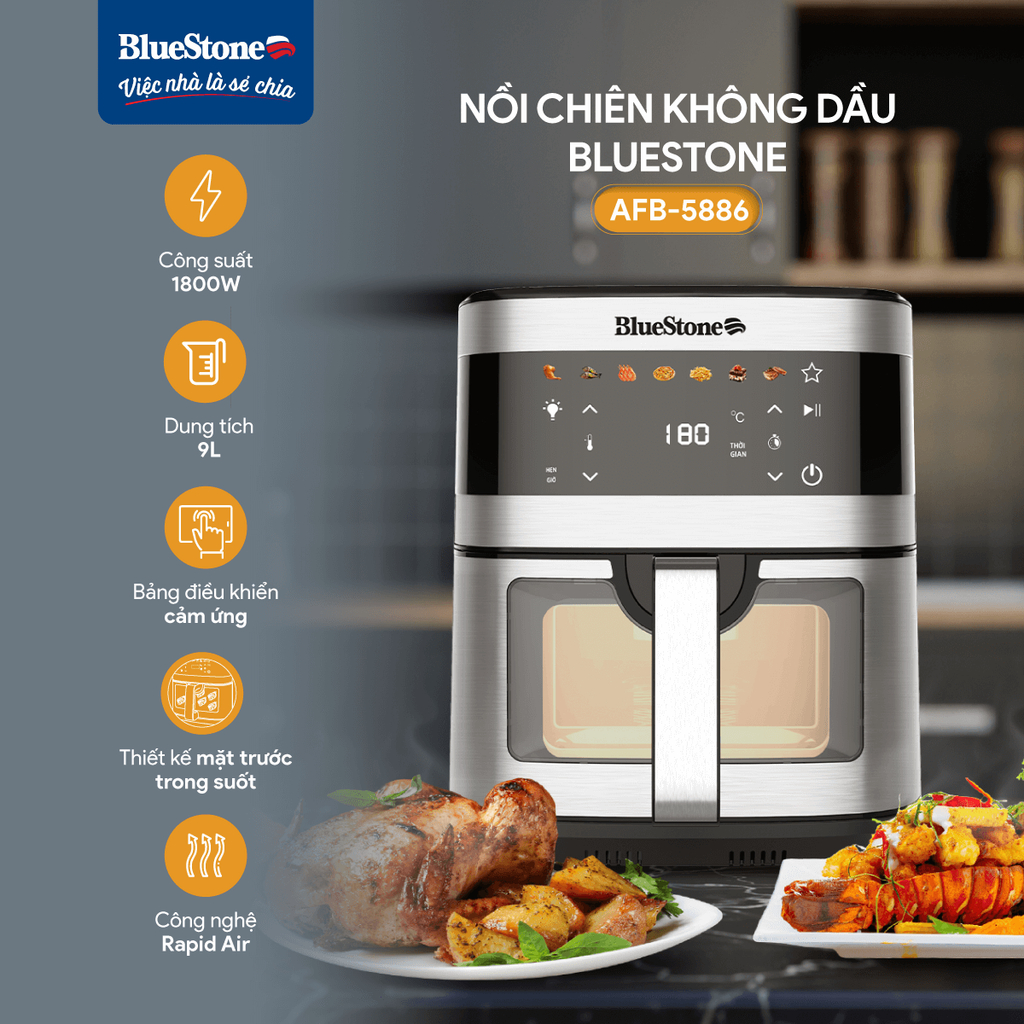 Nồi chiên không dầu BlueStone AFB-5886 – 9L, 1800W, cảm ứng, kính quan sát, Rapid A