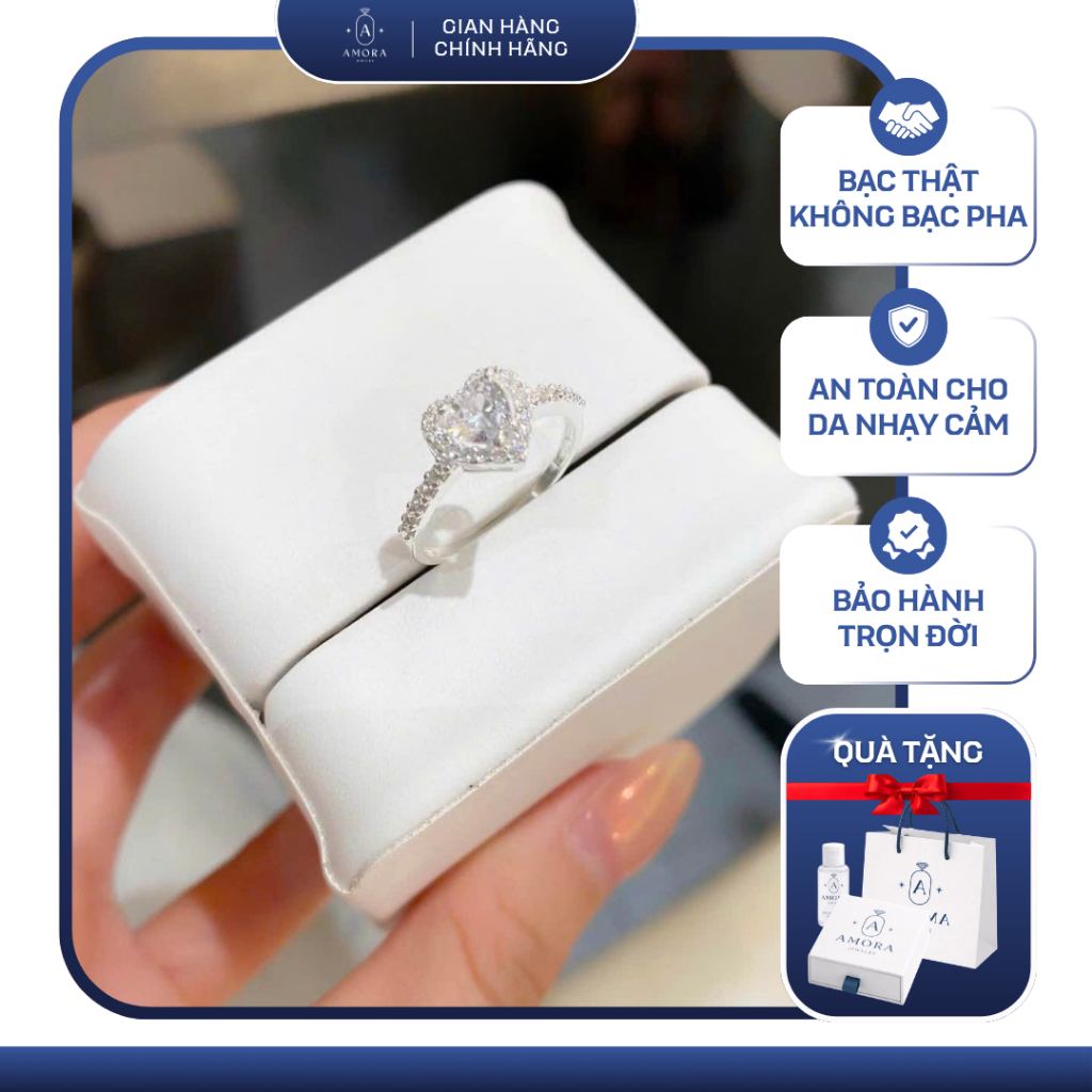 Nhẫn bạc nữ AMORA nhẫn trái tim đá dễ thương bạc ta AMORA JEWELRY NNT001