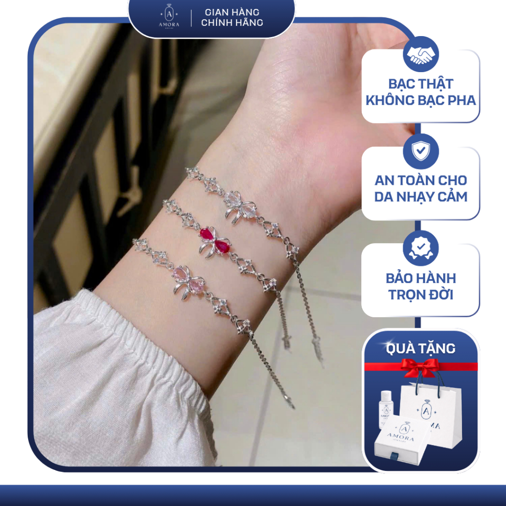Lắc tay nơ đá nữ AMORA bạc ta thiết kế nơ mix xoắn hoa AMORA JEWELRY