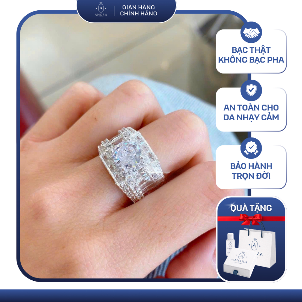 Nhẫn bạc nam AMORA nhẫn nam full viền đá có lót lòng bạc ta S99 AMORA JEWELRY TSN028