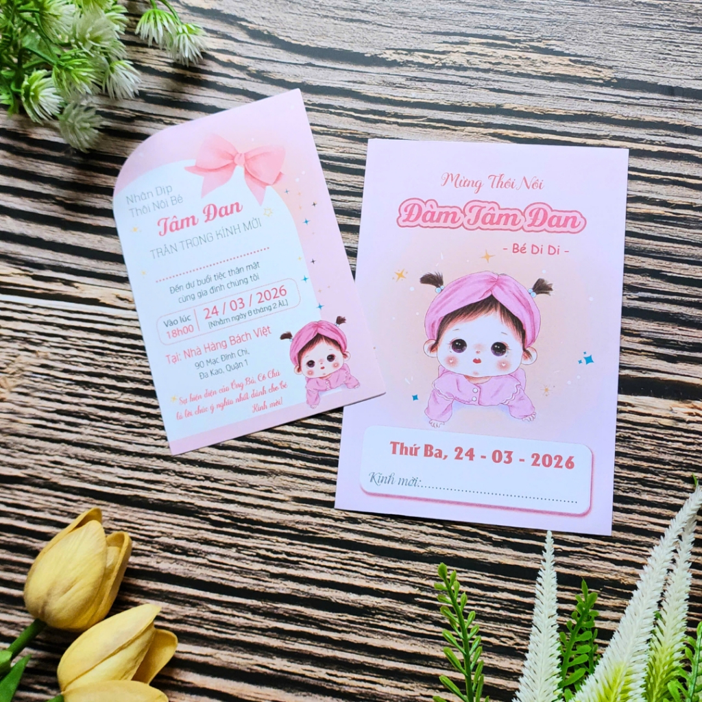 [COMBO 30 - 40 - 50 - 100 THIỆP] Thiệp mời thôi nôi, sinh nhật, đầy tháng bé gái hồng xinh xắn