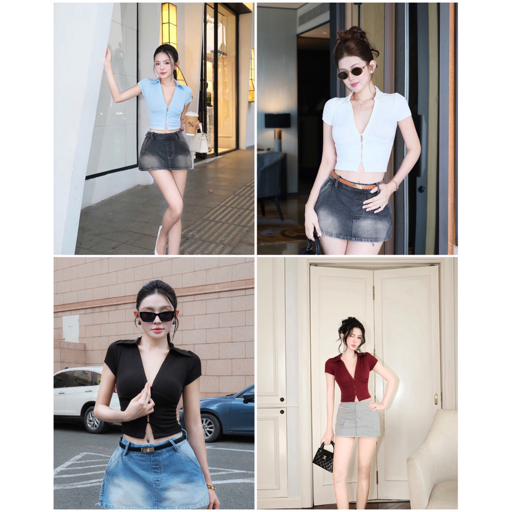 Áo Croptop Thun Cổ Sơ Mi Ôm Eo 𝐃𝟐𝐓 𝐒𝐓𝐎𝐑𝐄