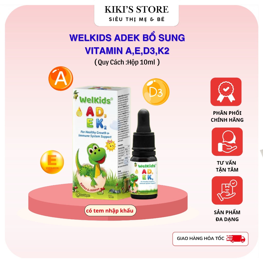 WelKids ADEK bổ sung D3K2 kết hợp Vitamin A, E hỗ trợ nâng cao đề kháng, phát triển chiều cao