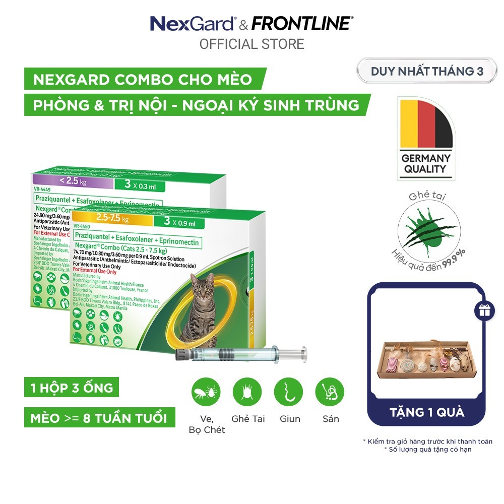 NexGard COMBO - Ống nhỏ gáy phòng nội, ngoại ký sinh dành cho mèo - 1 hộp 3 ống