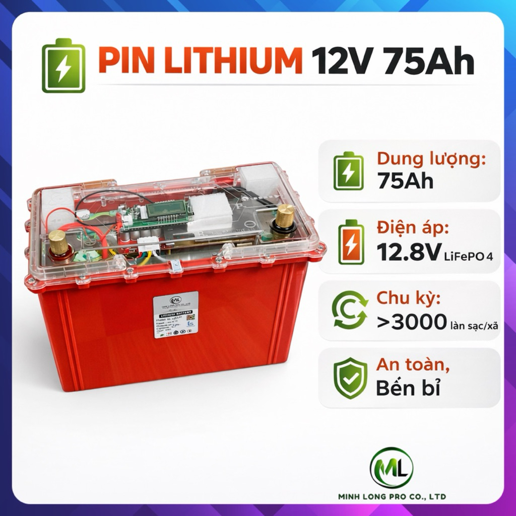 Bình Pin LiFePO4 12V 75Ah / 45Ah Lưu Trữ, Kích Inverter, Đề Nổ – BMS Cân Bằng Tự Động, Chống Nước