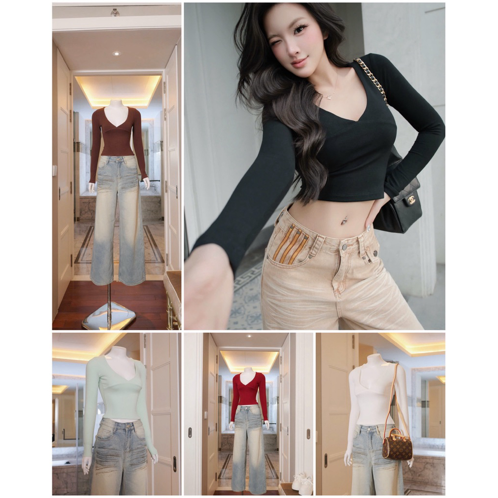 Áo Croptop Cổ Tim Tay Dài Ôm Body 𝐃𝟐𝐓 𝐒𝐓𝐎𝐑𝐄