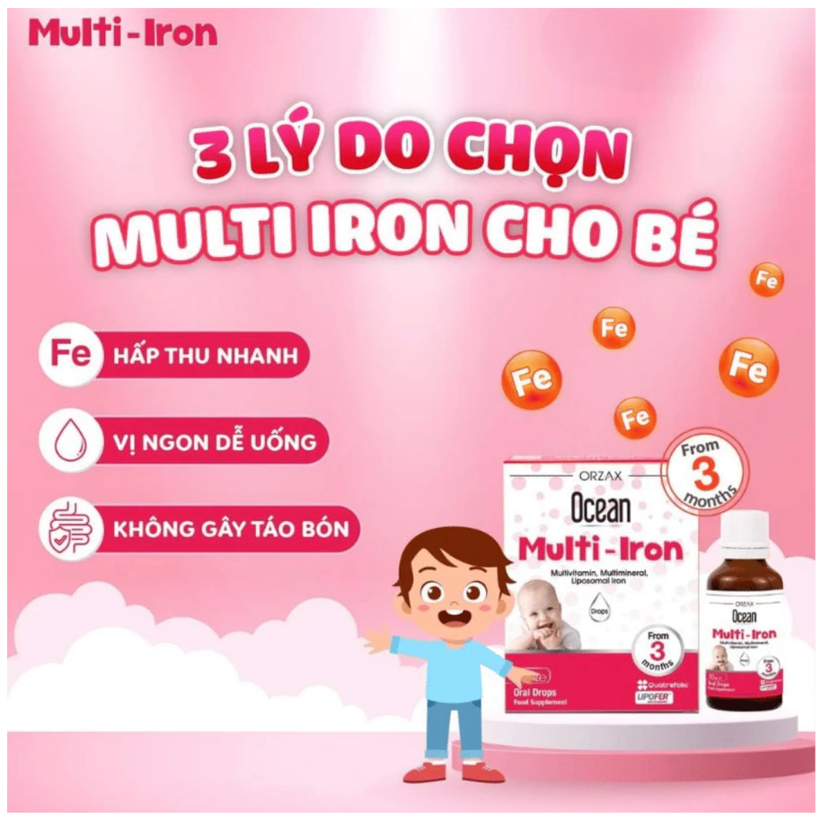 Bổ Sung Sắt Ocean Multi Iron Orzax Cho Bé Từ 3 Tháng Tuổi Không Tanh, Không Gây Táo Bón 30ml