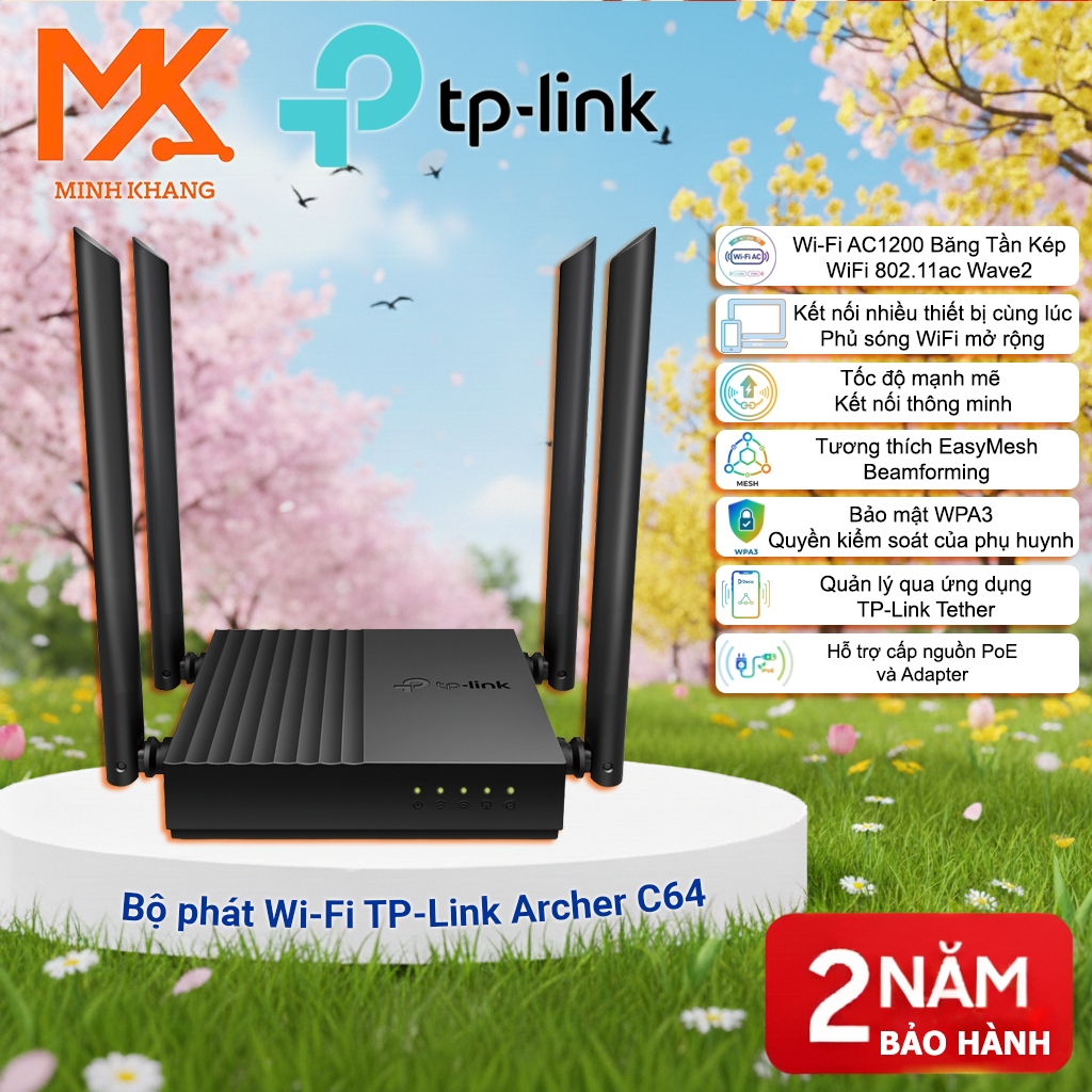 Router WiFi TP-Link Archer C64 AC1200 – Gigabit, MU-MIMO, Sóng Ổn Định