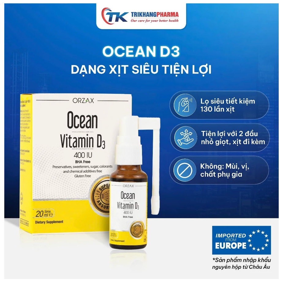 Xịt Vitamin D3 Ocean Orzax Lọ 20ml hỗ trợ phát triển chiều cao tăng sức đề kháng cho bé nhập khẩu ch