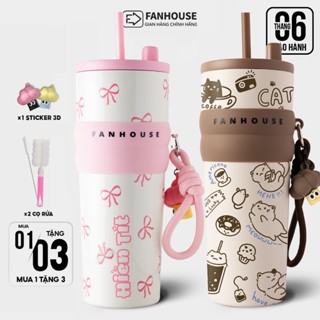 Bình giữ nhiệt khắc tên Fan House bình nước giữ nhiệt 12h inox 316 ống hút tiện lợi 710ml tặng charm