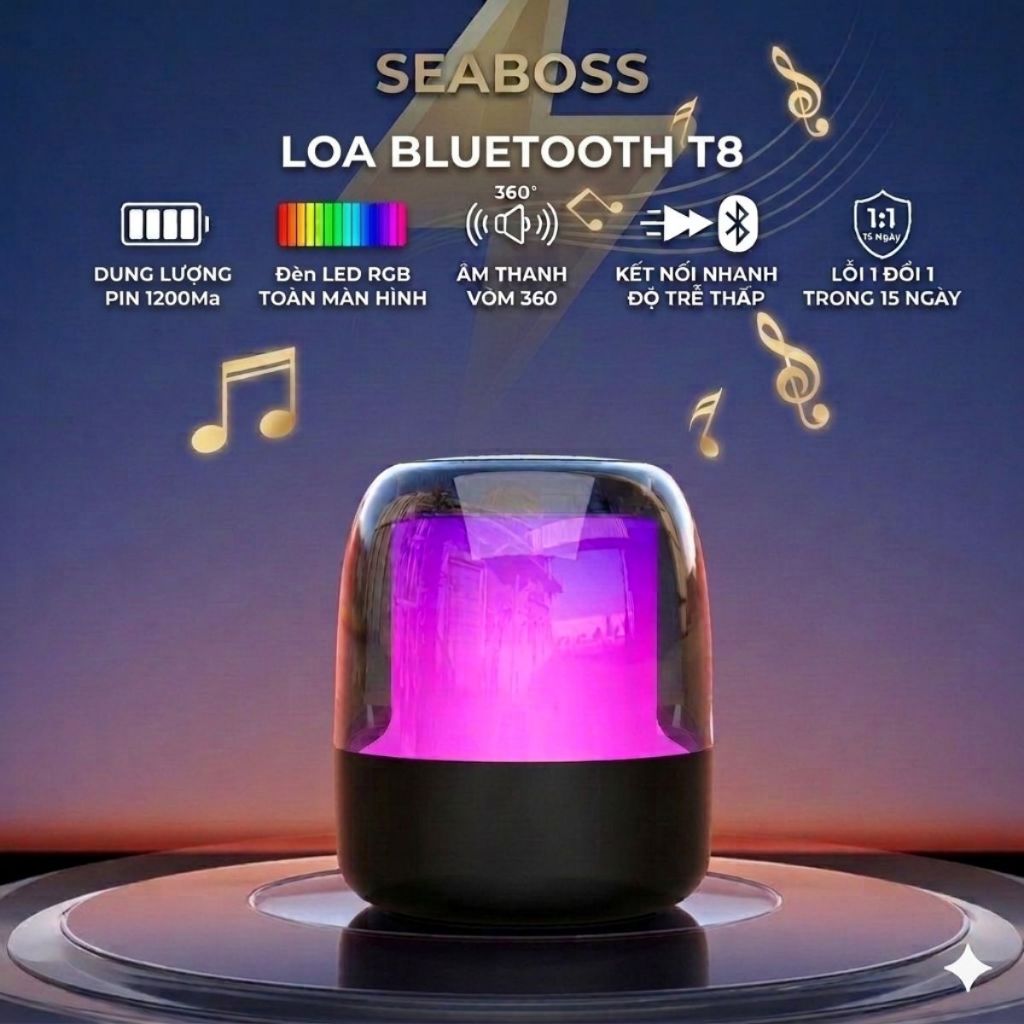 Loa bluetooth mini T8 Pin 3H, kết nối nhanh, bass mạnh, đèn RGB đa chiều, âm thanh vòm 360