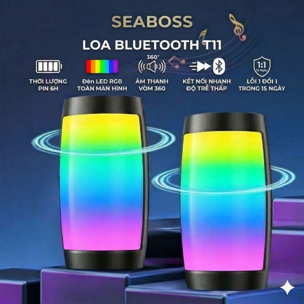Loa bluetooth mini T11 Pin 3H, kết nối nhanh, bass mạnh, đèn RGB đa chiều, âm thanh vòm 360