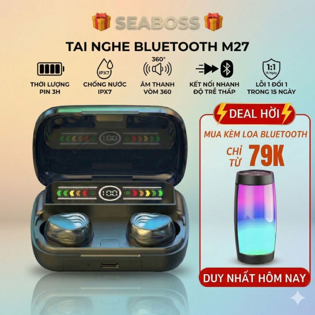 Tai nghe Bluetooth M27 SoundTech âm thanh vòm 360 sống động, xem phim nghe nhạc liên tục 3h