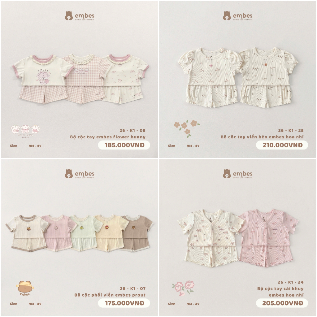 Bộ cộc tay Embes 26-K1-07 , 26-K1-08, 26-k1-25, 26-K1-24 cho bé dưới 4 tuổi