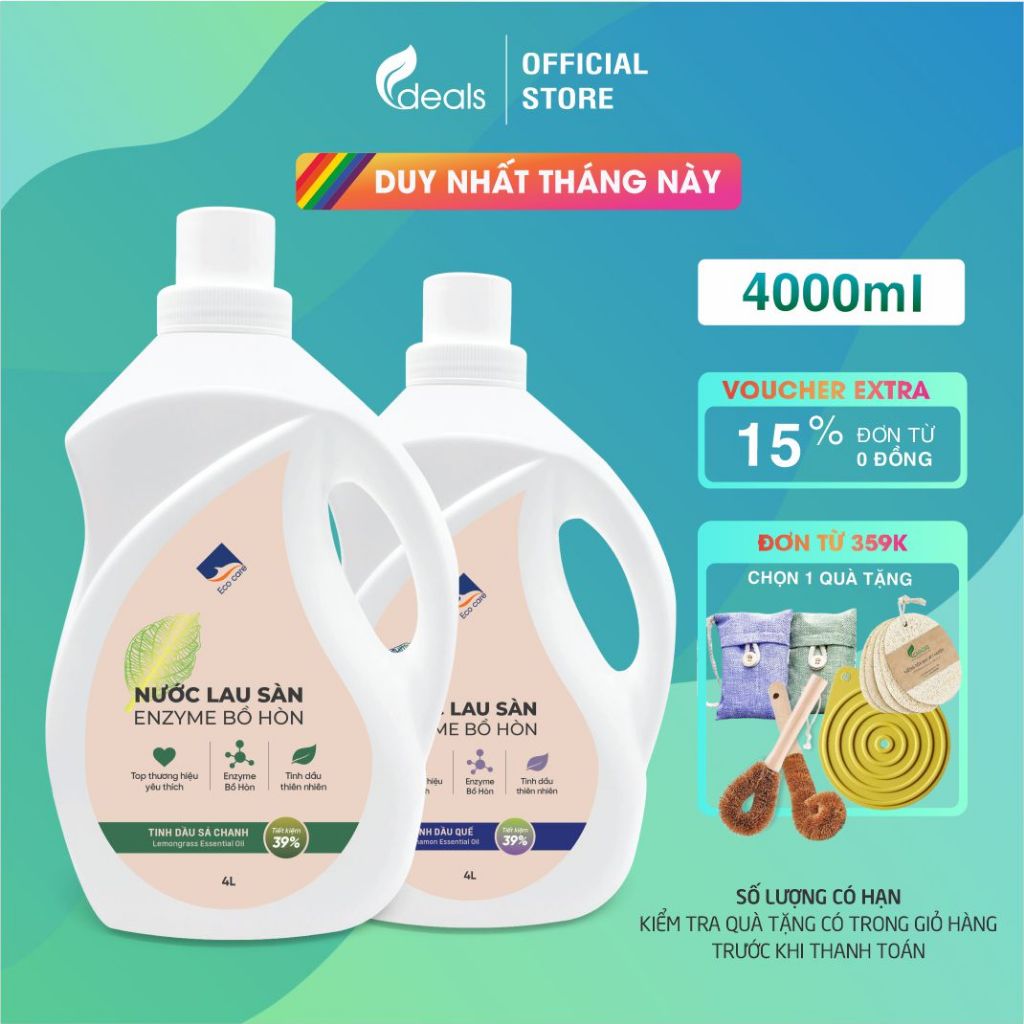 Nước Lau Sàn Enzyme Bồ Hòn Tinh dầu tự nhiên Ecocare 4 lít - Diệt khuẩn, đuổi muỗi, chống trơn trượt