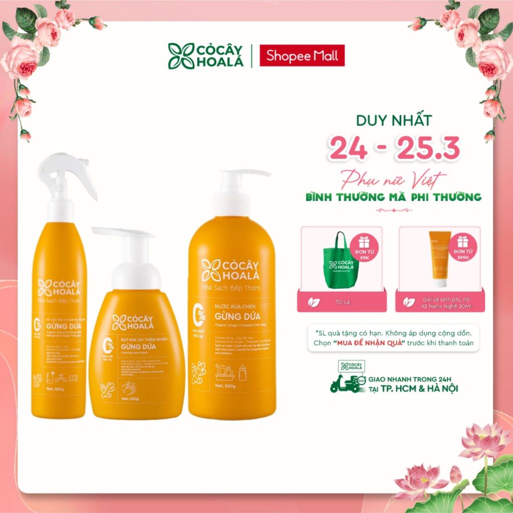 [COMBO NHÀ SẠCH BẾP THƠM] Bọt rửa tay thiên nhiên 250g, Nước rửa chén Gừng Dứa 500g, Xịt lau Gừng dứa Cỏ Cây Hoa Lá