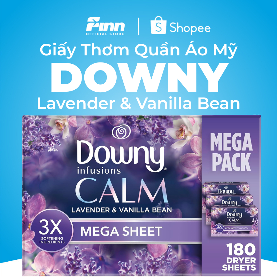 Giấy Thơm Quần Áo Downy Infusions Calm Lavender & Vanilla (Hộp) – Dryer Sheets Mỹ, Thơm Lâu, Mềm Vải