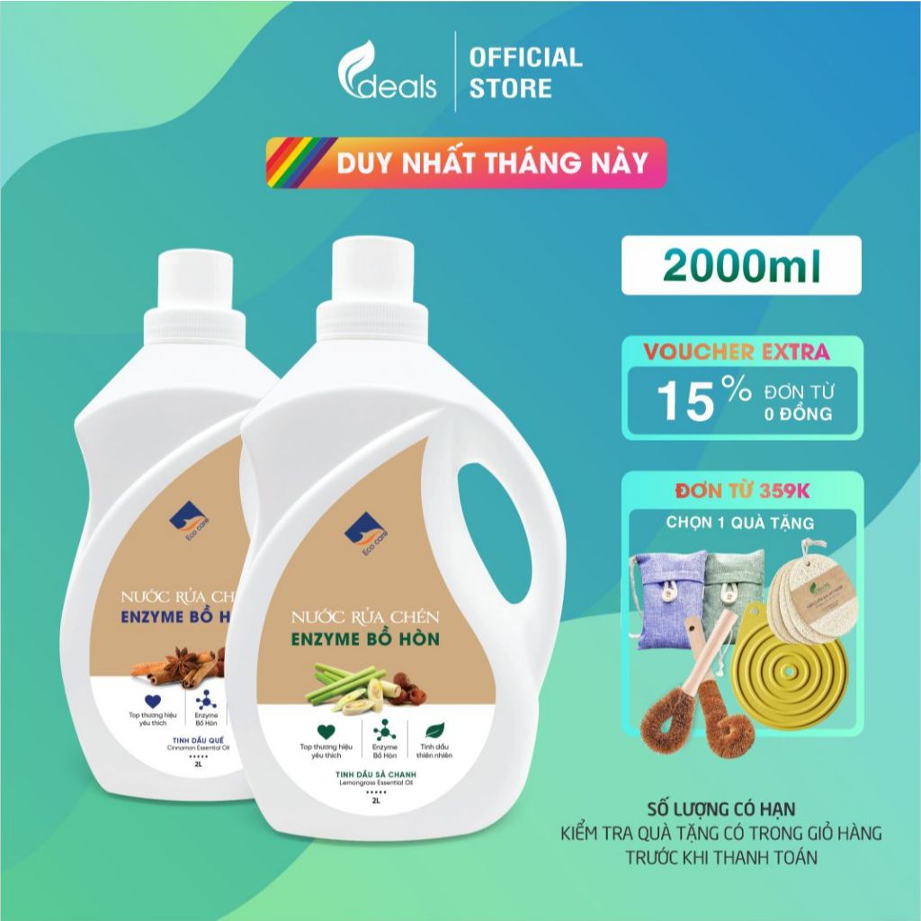 Nước Rửa Chén Enzyme Bồ Hòn ECOCARE 2L - Diệt khuẩn, sạch dầu mỡ, bảo vệ da tay và tiết kiệm nước