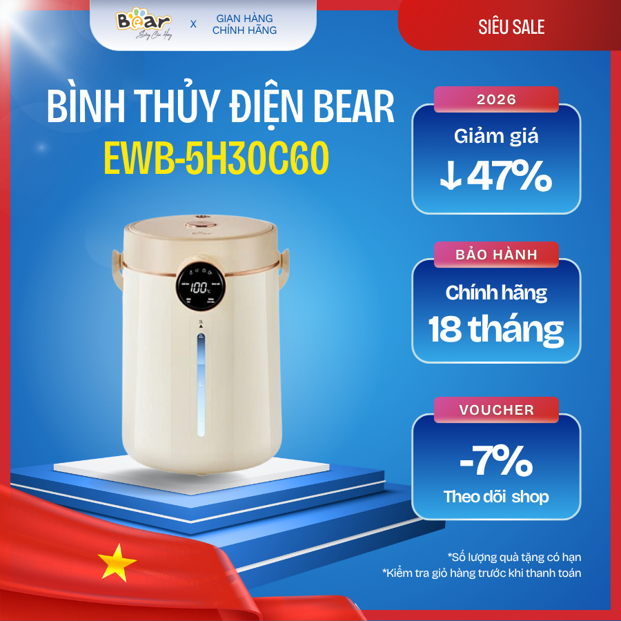 💧 Bình Thủy Điện Bear 3L EWB-5H30C60 ♨️ Inox 304 – Giữ Ấm Thông Minh – Khóa Trẻ Em