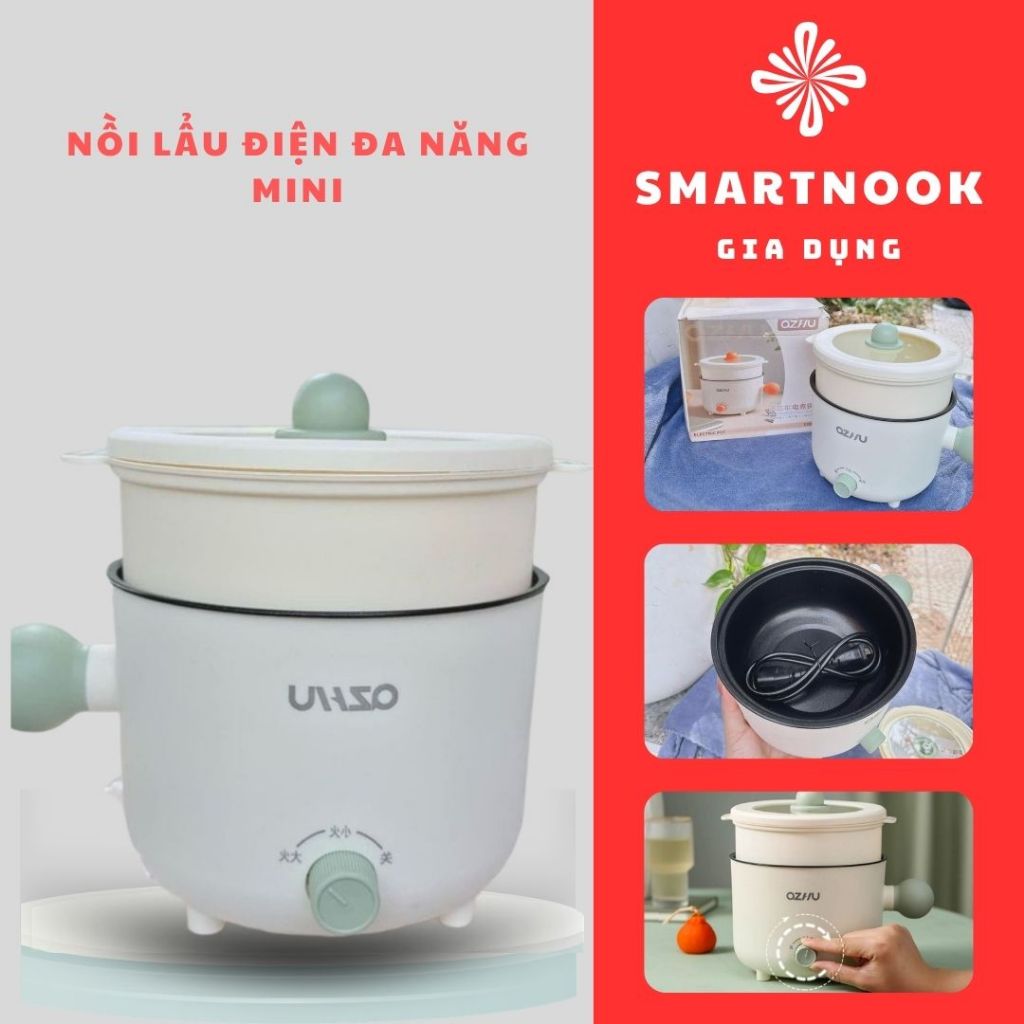 SmartNook Nồi lẩu điện đa năng mini có khay hấp phía trên, nồi nấu, hấp, nướng, luộc, chống dính