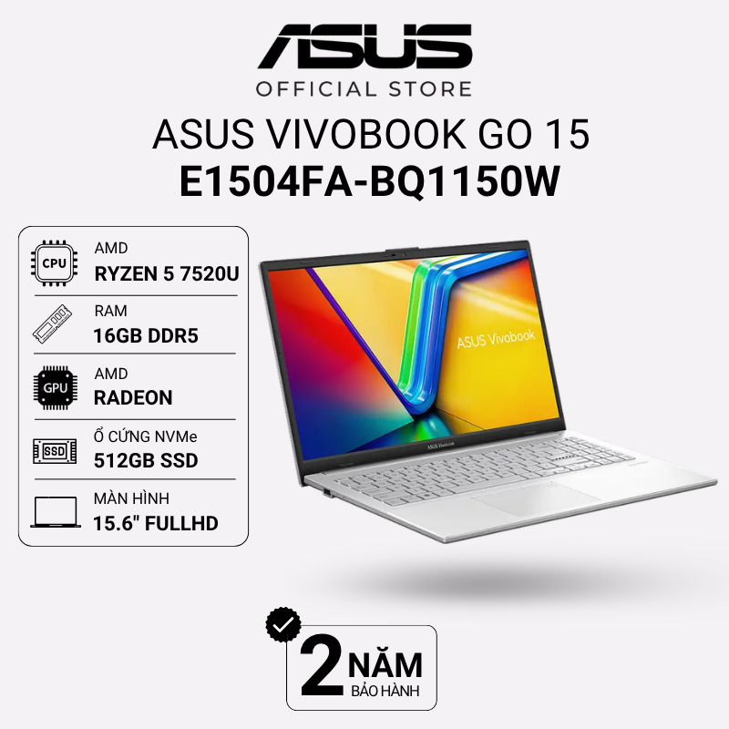 Laptop Asus Vivobook Go 15 E1504FA-BQ1150W Ryzen 5 7520U | 16GB | 512GB | Radeon 15.6" FHD Win11 Bạc