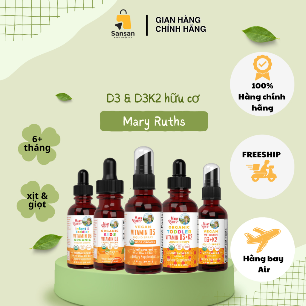 Vitamin D3K2 Mary Ruth's hữu cơ thuần chay dạng xịt/ dạng giọt cho  30ml